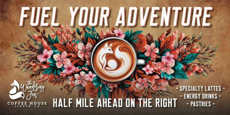 Highway billboard reading Fuel Your Adventure, with a fox poured in latte art and the Wandering Fox Coffee House logo