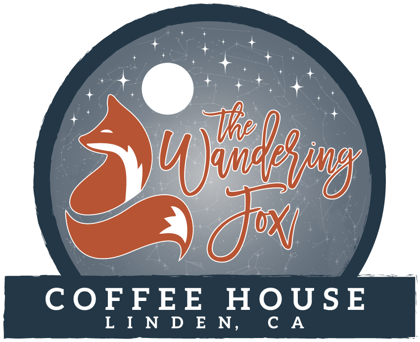 The Wandering Fox Coffee House logo: a fox curled under a starry night sky above the words Coffee House, Linden CA