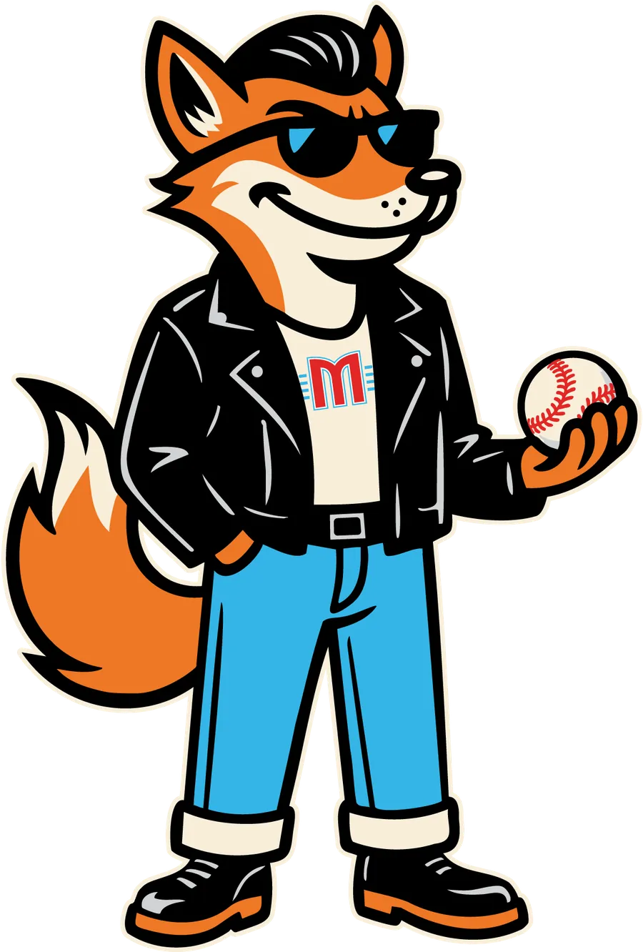 Cruiser the Fox, full-body: the Modesto Roadsters mascot in shades and a leather jacket