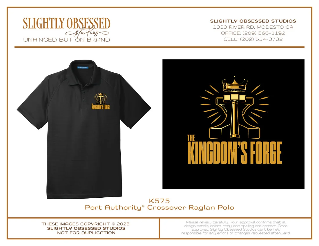 An apparel production proof showing the Kingdom's Forge mark embroidered on a black polo, with the Slightly Obsessed Studios proof header