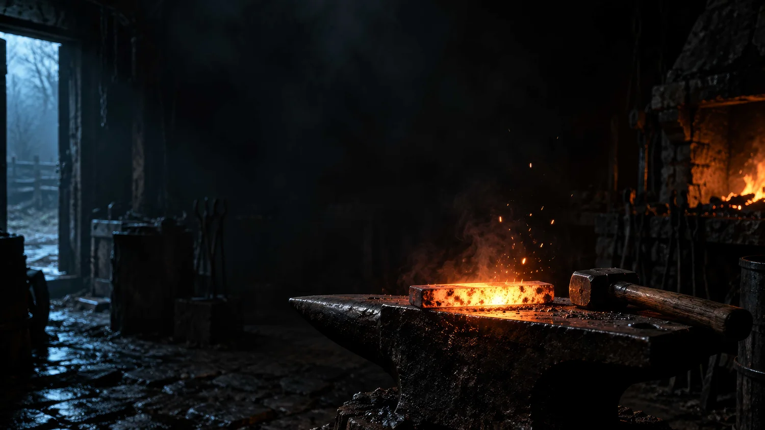 A dark forge environment: an anvil and hot steel lit by a low fire, used as the brand's atmospheric reference