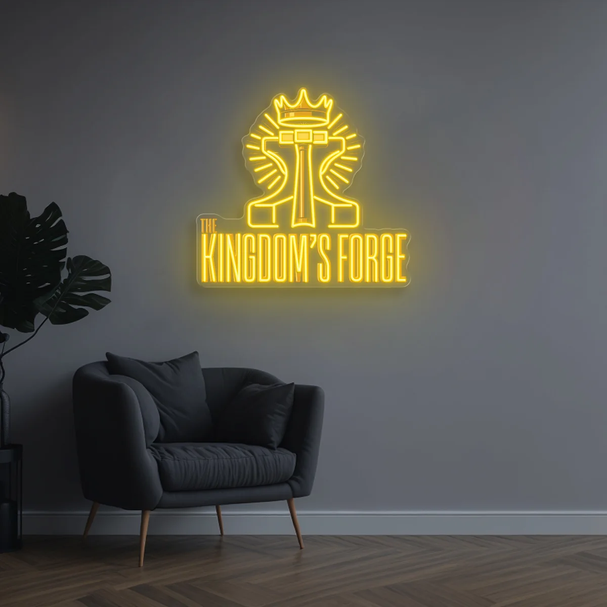 The Kingdom's Forge mark rendered as a warm gold neon sign mounted on a dark wall above a sofa