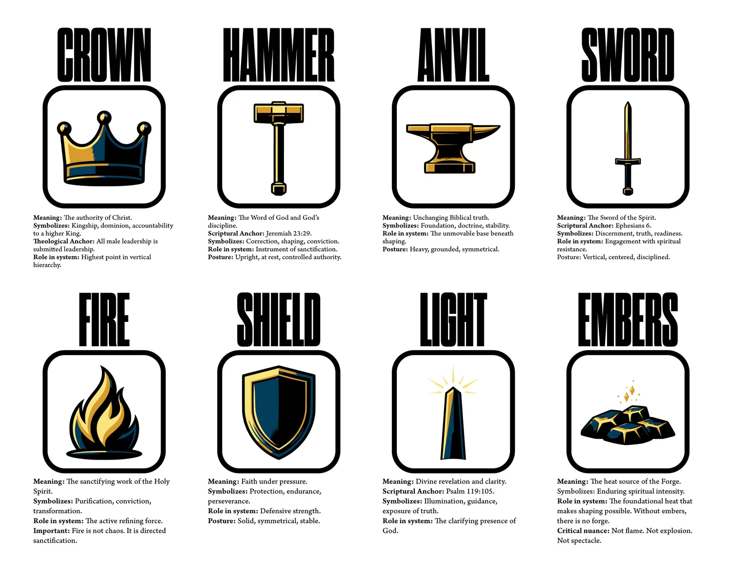 The Kingdom's Forge symbol set: crown, hammer, anvil, sword, fire, shield, light and embers, each drawn in gold and navy with its assigned meaning, scriptural anchor and role in the system written beneath it
