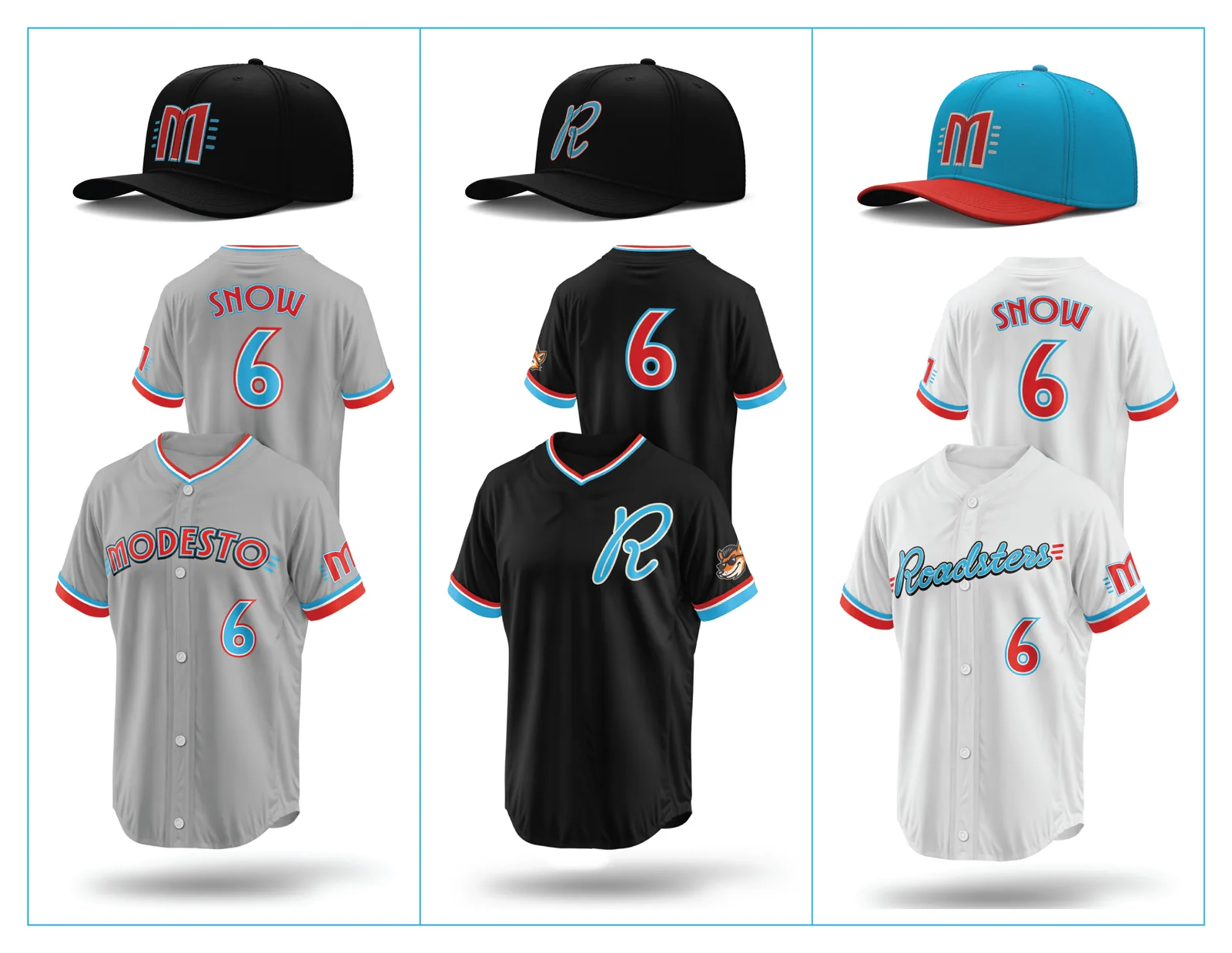 The complete Modesto Roadsters uniform system: home, away, alternate and cap variations drawn as one set