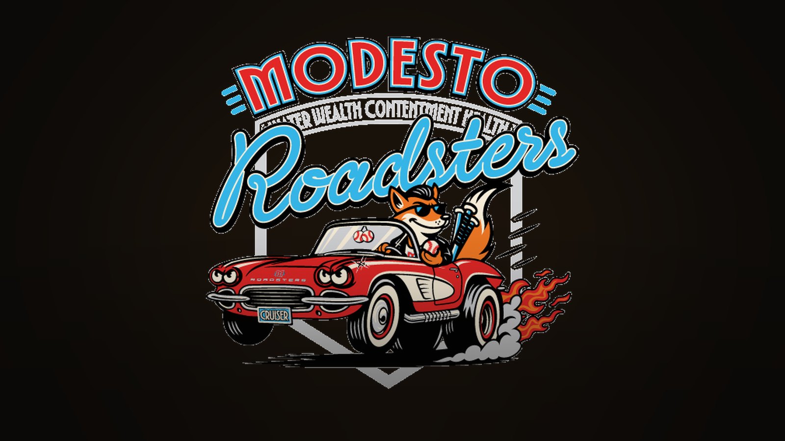 Cruiser the Fox at the wheel of the candy-red roadster, the Modesto Roadsters primary identity, used as the title card for the Cruiser&rsquo;s Roadtrip film