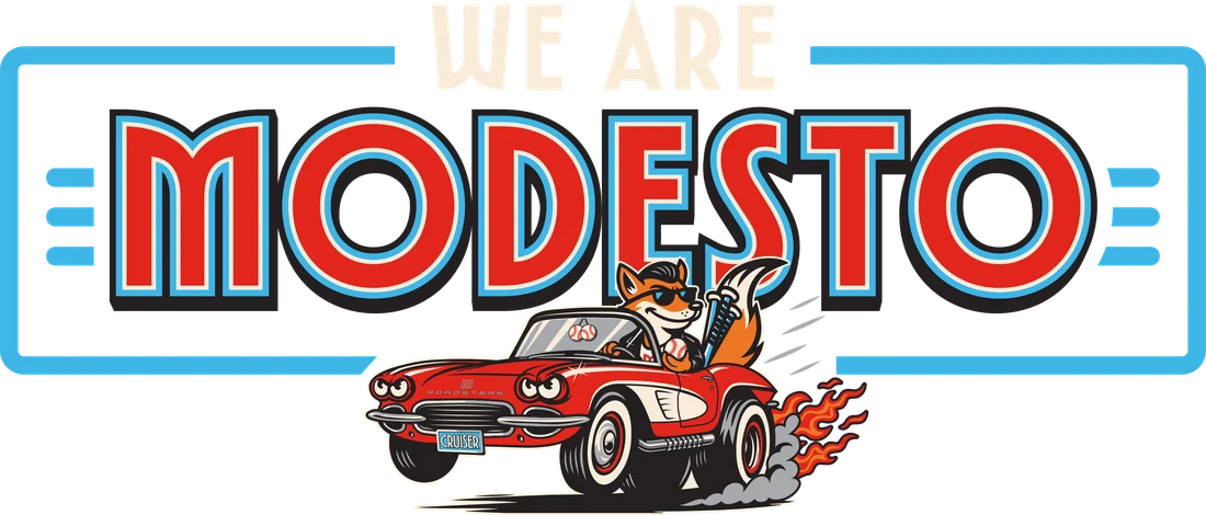 The We Are Modesto lockup: Cruiser driving the roadster beneath neon-framed WE ARE MODESTO lettering