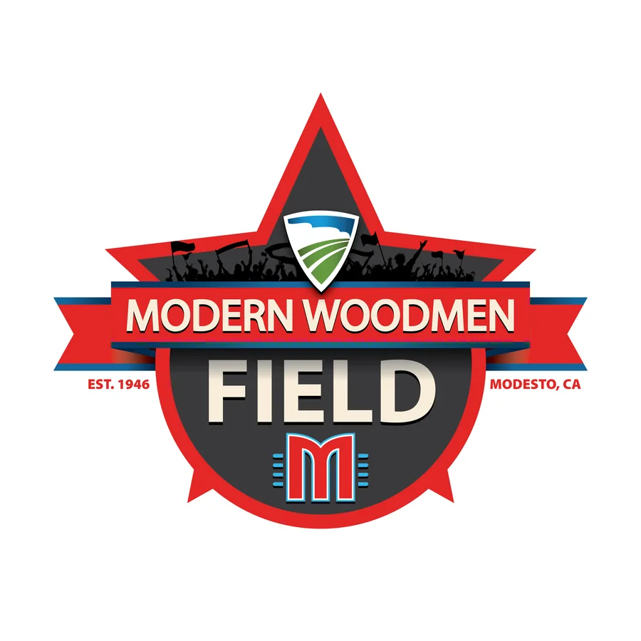 An unused Modern Woodmen Field direction: a red star behind a dark banner reading Modern Woodmen Field over a crowd silhouette