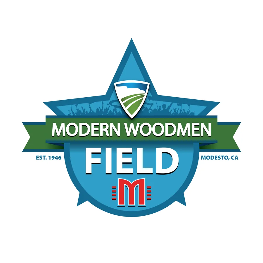 A second unused direction: a blue arrow-shaped crest reading Modern Woodmen Field over a crowd silhouette
