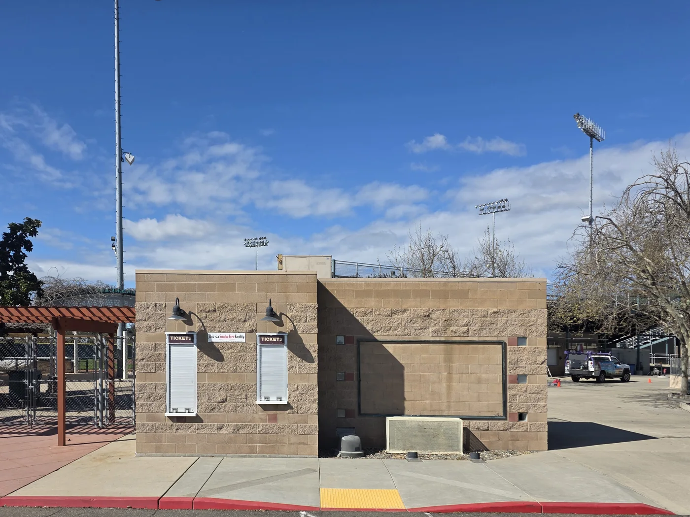 The stadium ticket booth exterior before the illuminated naming-rights signage was installed