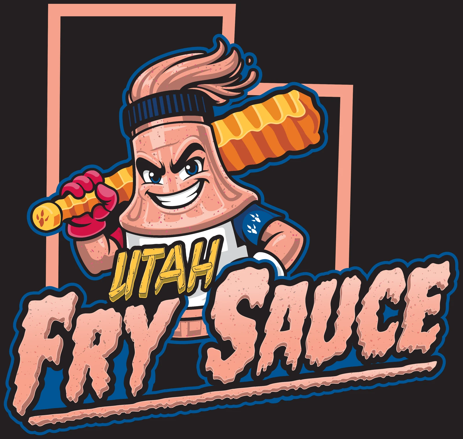 The Utah Fry Sauce primary lockup: a fry sauce bottle in a headband and batting gloves swinging a crinkle-cut fry as a bat, set against the outline of the state of Utah, above a dripping Fry Sauce wordmark