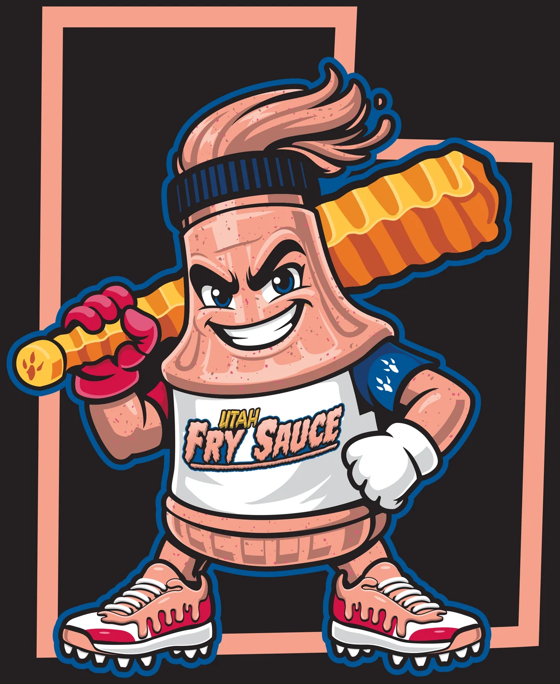 The full-body Utah Fry Sauce character in a jersey, batting gloves and cleats, holding the crinkle-cut fry bat over one shoulder