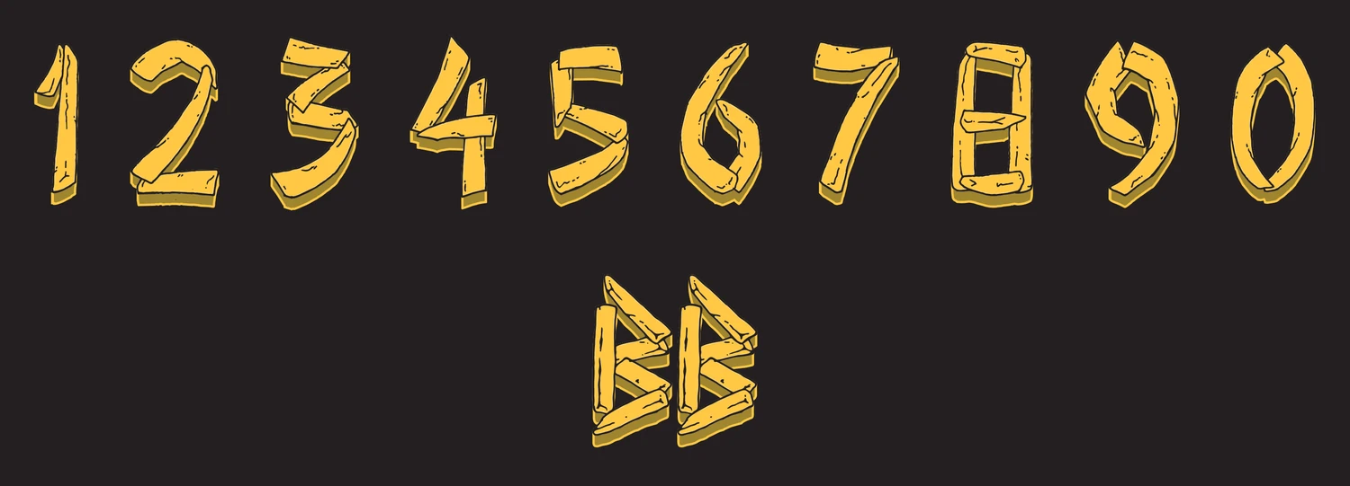 The Utah Fry Sauce number set, zero through nine, every numeral drawn as a ridged crinkle-cut fry in golden yellow