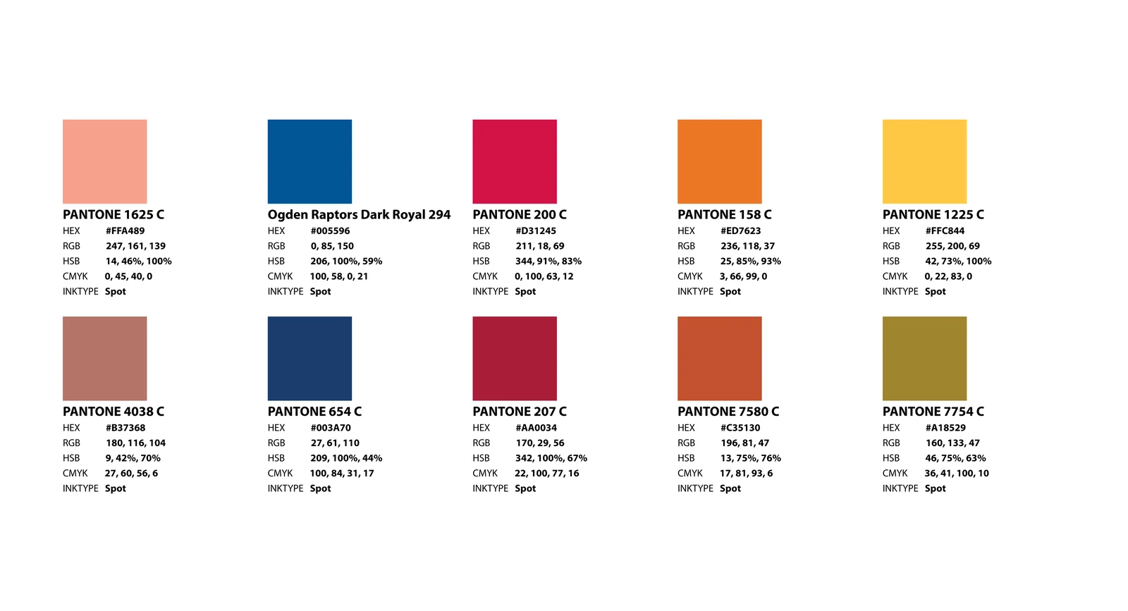 The Utah Fry Sauce colour specification sheet: ten Pantone spot colours with hex, RGB, HSB and CMYK values, including the Ogden Raptors Dark Royal 294